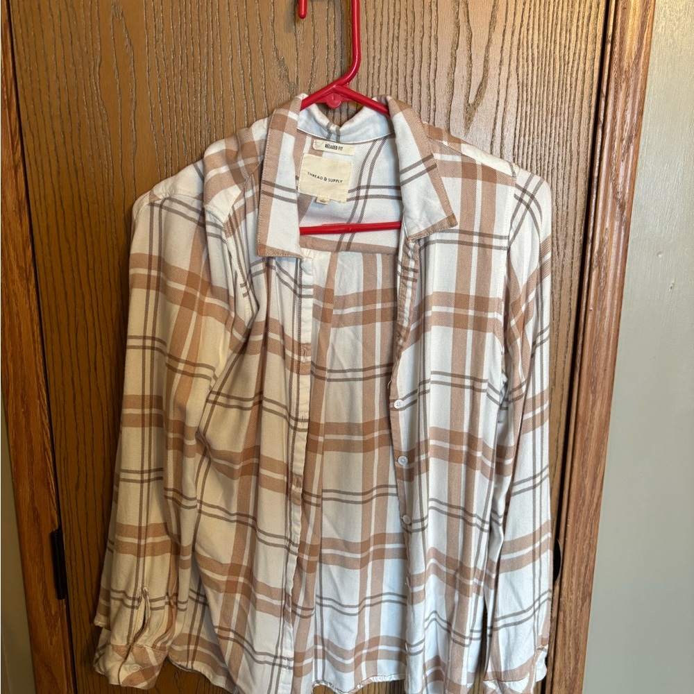 Thread & Supply Plaid Button Flannel in Cream and Beige Stripes